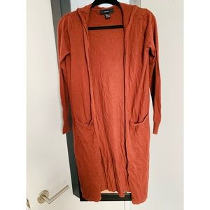 Burgundy long split cardigan with hood